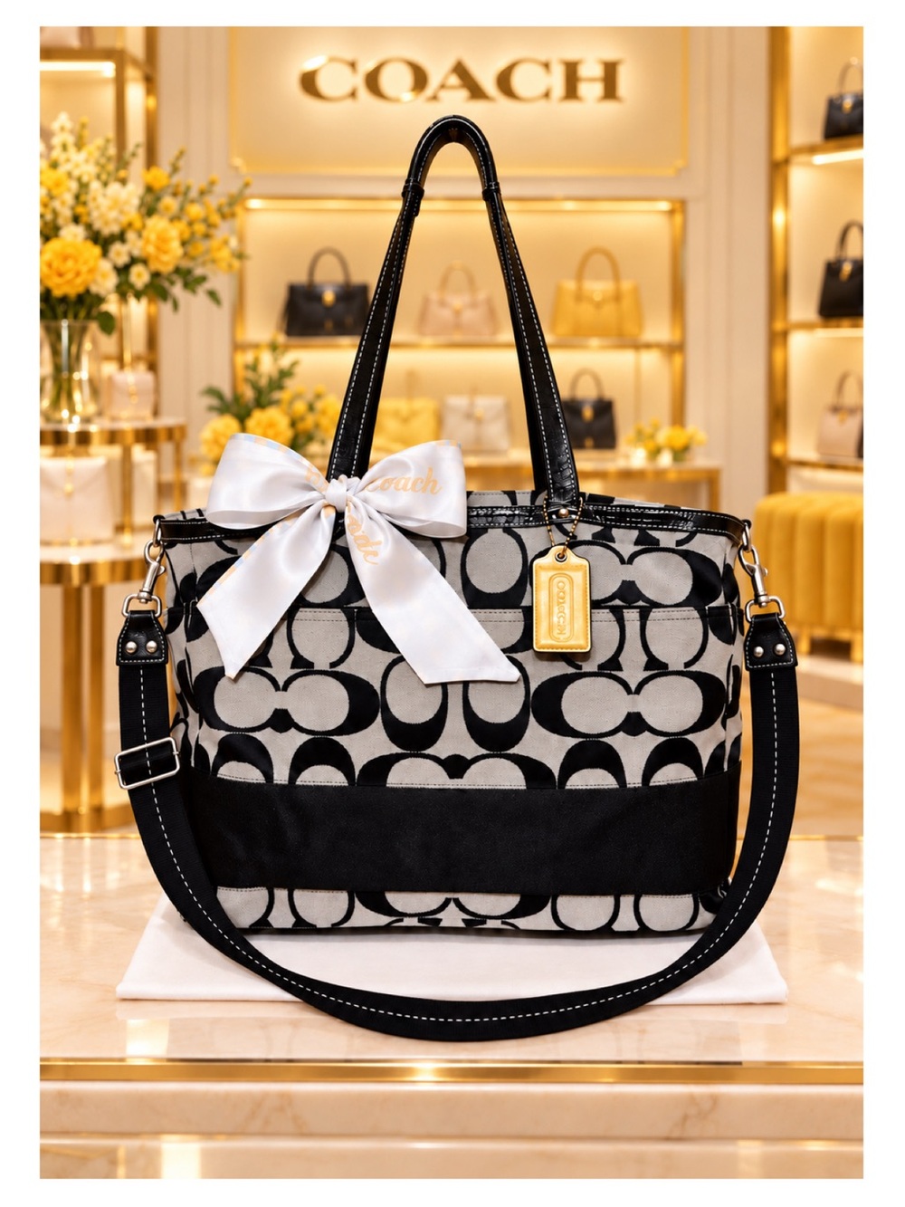 Coach. Signature C Jacquard Travel Tote
Bag (F13803) with Free Scarf & Dust Bag.